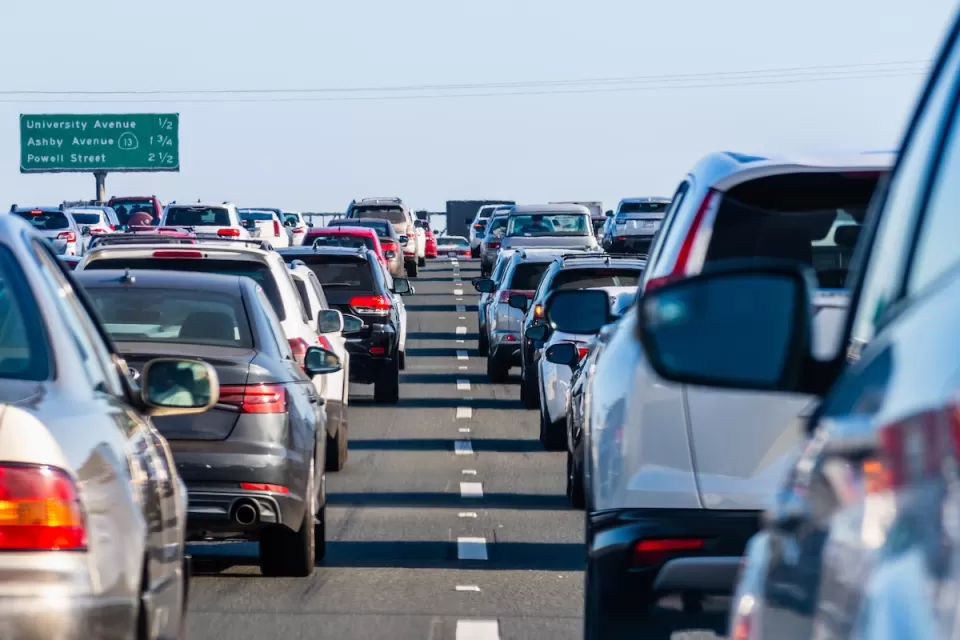 Close-up of traffic congestion from behind cars on a freeway in the San Francisco Bay Area.